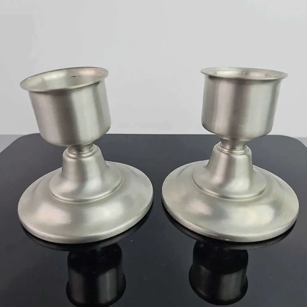 International Silver Co Pewter Satin Candle Stick Taper Holders 3.5 in Set of 2